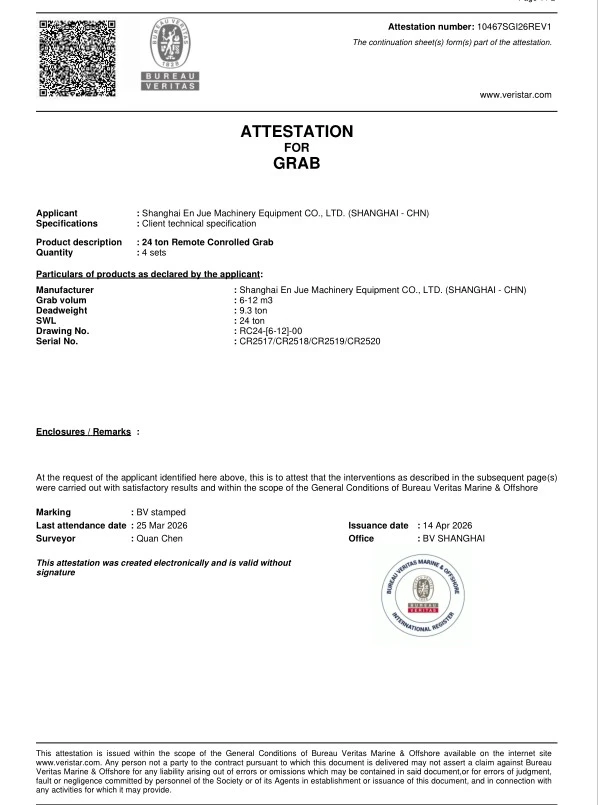 ENJUE REMOTE CONTROL GRAB BV CERTIFICATE ENJUE REMOTE CONTROL GRAB BV CERTIFICATE